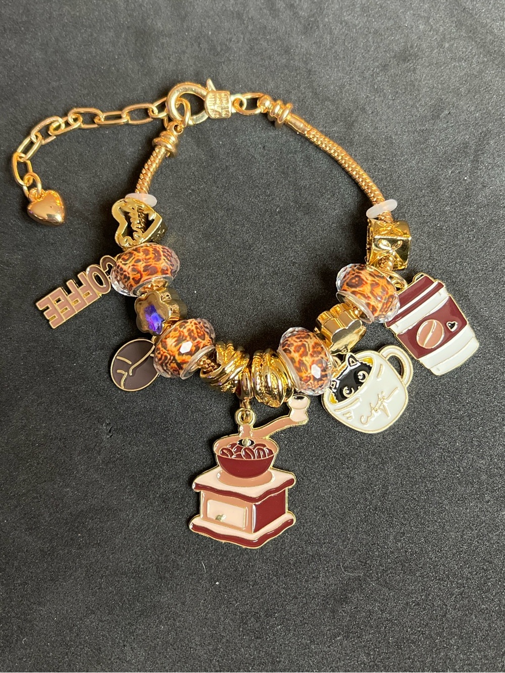 Gold-Tone Coffee Charm Bracelet with Leopard Bead Accents